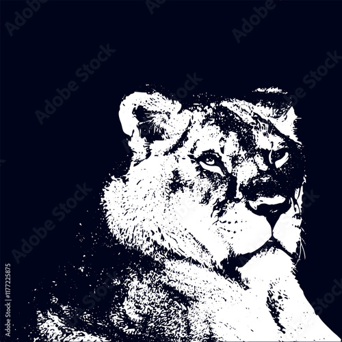 Fierce and majestic nature of a tiger's face with striking contrast,  captivating black and white illustration