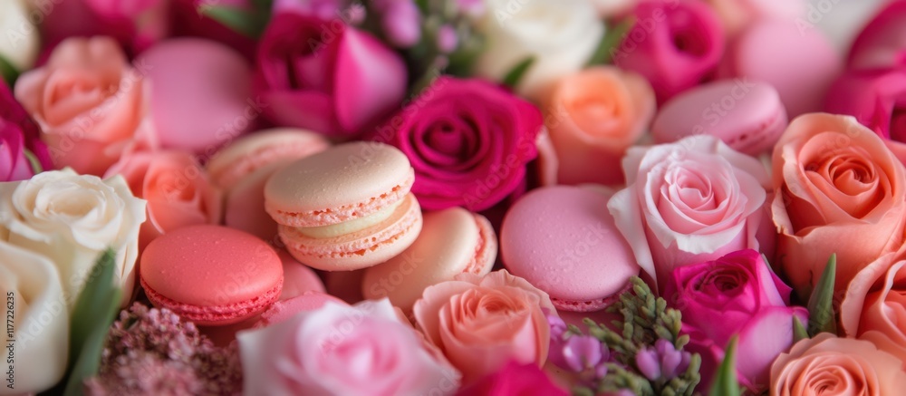 A vibrant arrangement of colorful macarons nestled among assorted roses, creating a delightful and romantic floral display. A vibrant arrangement of colorful macarons nestled among assorted roses, creating a delightful and romantic floral display.