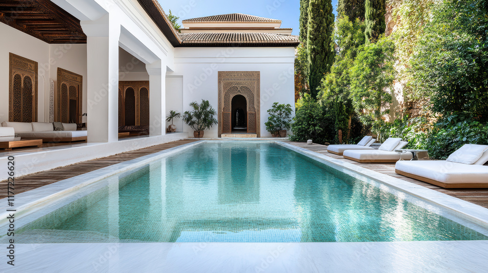 Fototapeta premium Luxurious villa with serene pool surrounded by lush greenery and architecture