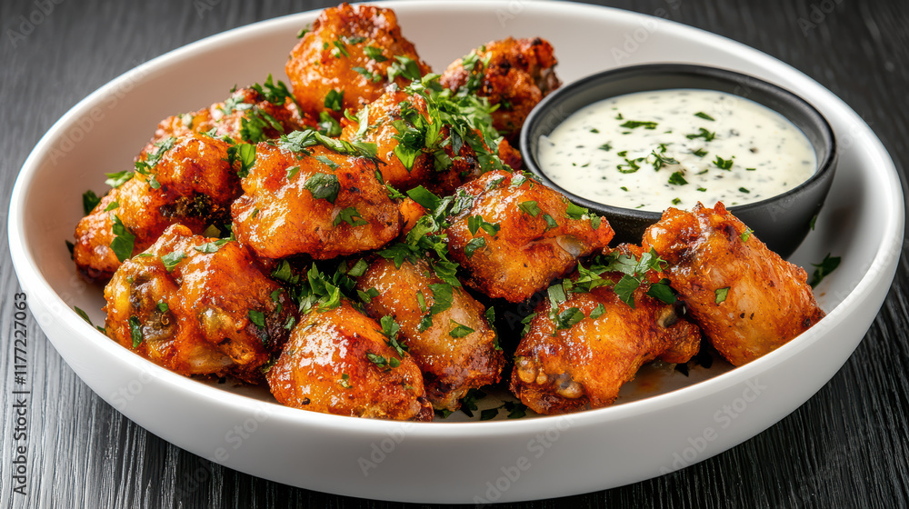 Spicy buffalo wings garnished with herbs and served with dipping sauce Spicy buffalo wings garnished with herbs and served with dipping sauce