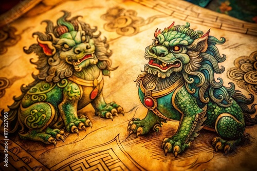 Ancient Chinese Foo Dog Drawings:  Detailed Ink Sketches of Guardian Lions in Traditional Style photo