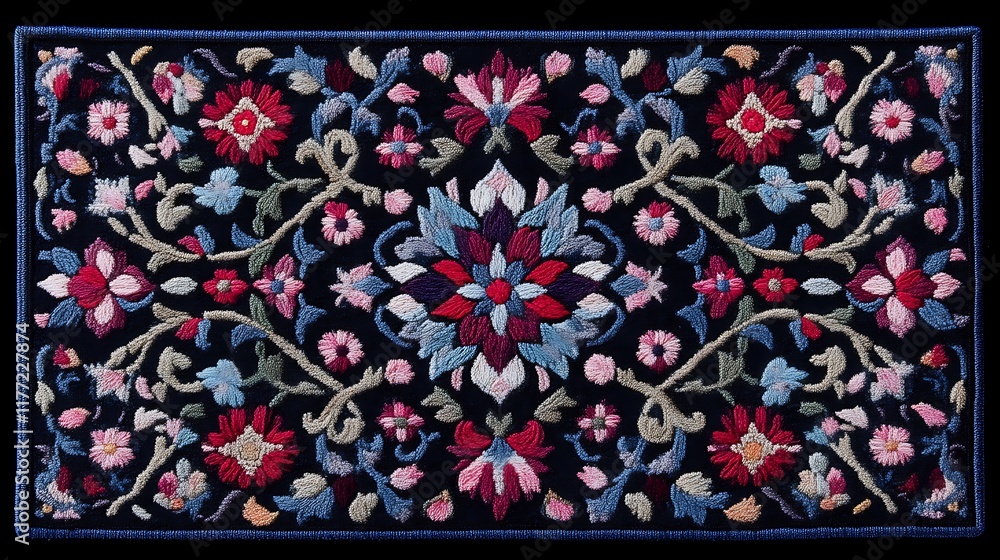 Embroidered floral textile with dark background and vibrant colors