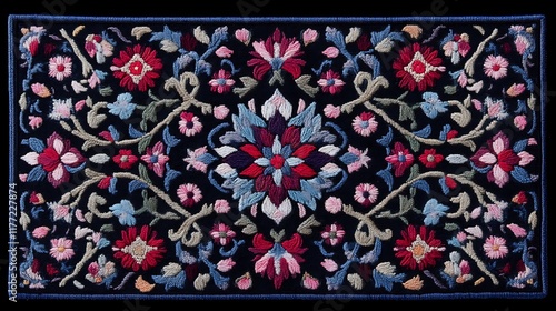 Obraz na płótnie Embroidered floral textile with dark background and vibrant colors w salonie