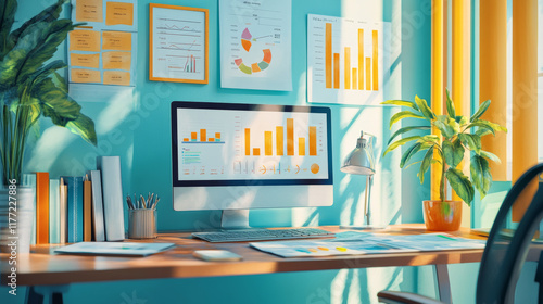 Wallpaper Mural bright office workspace featuring computer displaying financial growth charts, surrounded by plants and colorful decor. atmosphere is vibrant and productive Torontodigital.ca