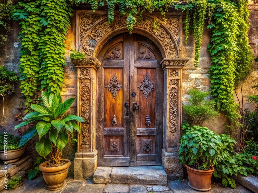Fototapeta premium Ancient Intricately Carved Wooden Doorway in a Rustic Old Building - Stock Photo