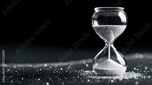 Traditional glass hourglass filled with white sand grains on sparkling black surface photo