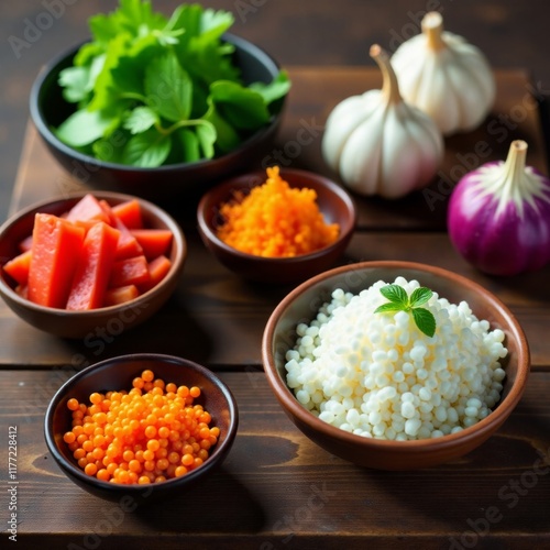 Asian ingredients arranged on a wooden counter, sesame oil, eggplant, rice photo