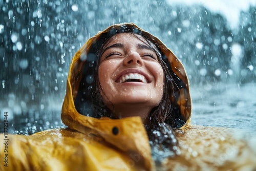 Amidst the rain, a young woman clad in a yellow raincoat expresses sheer elation with a big smile, reveling in nature's embrace during an unforgettable rainy moment. photo