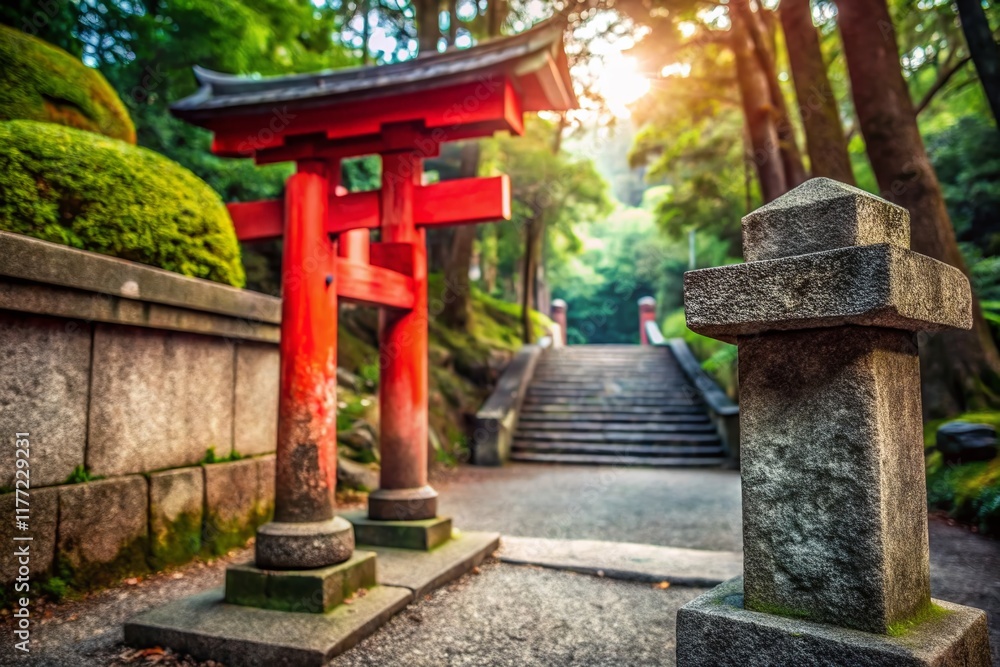 Obraz premium Ancient Shrine Entrance: Stone Signpost and Vermillion Torii Gate in Japan