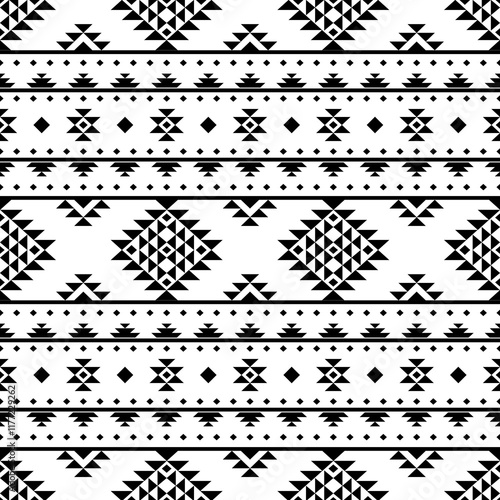 Southwest Aztec geometric Native American Mexican Navajo tribal ethnic boho indian texture ornament seamless pattern fabric black and white design vector for woven textile printing blanket rug carpet 