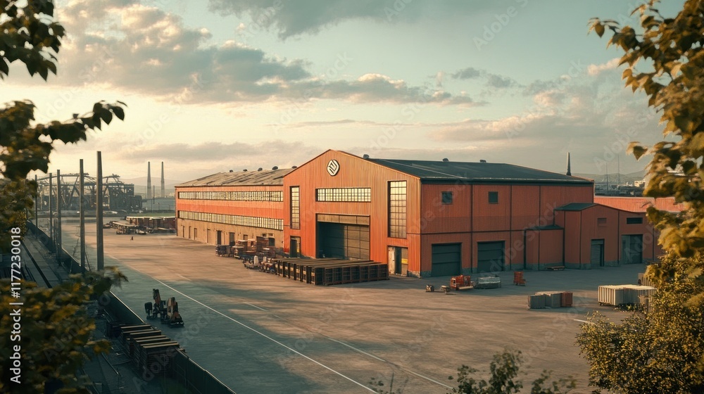 Obraz premium A large industrial warehouse with a loading area, surrounded by machinery and a cloudy sky.