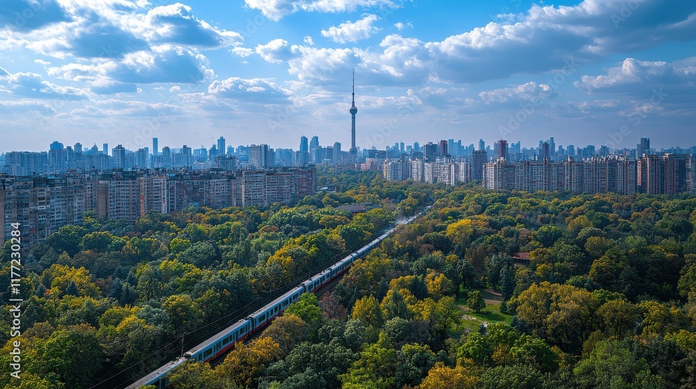 Fototapeta premium Train crossing a cityscape urban landscape aerial view scenic environment dynamic transportation