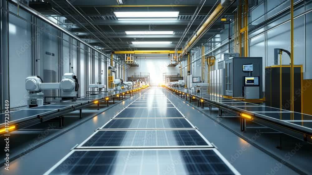 Industrial facility showcasing advanced solar panel manufacturing process at dawn Industrial facility showcasing advanced solar panel manufacturing process at dawn