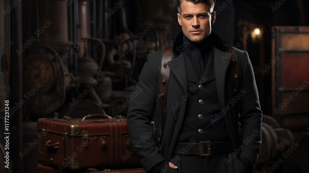 A gentleman in a steampunk-inspired outfit stands beside a vintage suitcase, with an industrial background adding to the historical feel A gentleman in a steampunk-inspired outfit stands beside a vintage suitcase, with an industrial background adding to the historical feel