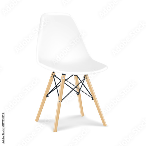 White seat chair with wooden legs. Realistic 3d vector mockup. Four legged chair. Mock-up