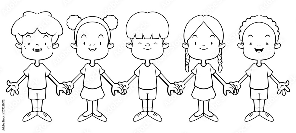 Multiracial Kids cartoon characters holding hands each other. Best for outline, coloring book, and logo with world peace themes Multiracial Kids cartoon characters holding hands each other. Best for outline, coloring book, and logo with world peace themes