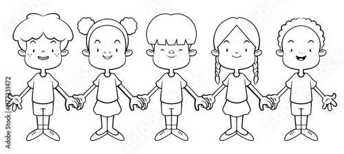 Multiracial Kids cartoon characters holding hands each other. Best for outline, coloring book, and logo with world peace themes