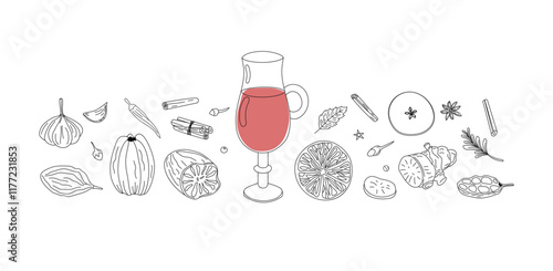 Mulled wine recipe. Drink glass with ingredients. Wine drink, spice linear icons. Restaurant drink card, menu, culinary master class on winemaking.