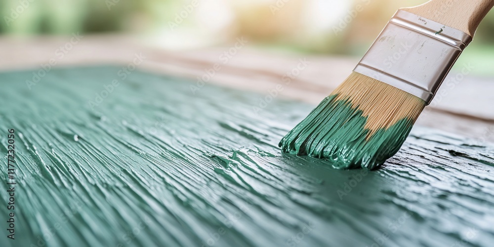 Fototapeta premium Close-up of paintbrush applying teal paint to wood.