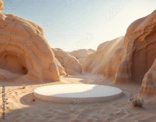 Desert-inspired minimalist pedestal with sandy textures photo