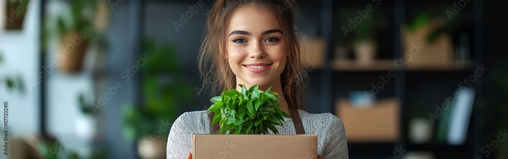 A cheerful woman moving into a new home with a plant and boxes, symbolizing fresh starts, minimalism, and positive lifestyle changes. A cheerful woman moving into a new home with a plant and boxes, symbolizing fresh starts, minimalism, and positive lifestyle changes.