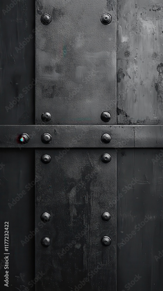 Fototapeta premium Industrial metal door with rivets and gritty texture in urban environment