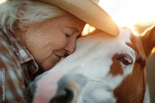 In a captivating scene, a woman gently presses her cheek against her horse's, embodying a moment of affection and deep emotional understanding captured amidst golden light. photo