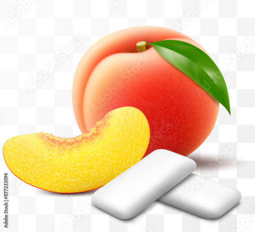Bubble gum with peach or apricot flavor. Pads of bubble gum spearmint for fresh breathing. Chewing gums for healthy teeth and dental hygiene. Refreshing candy. Realistic 3D vector illustration