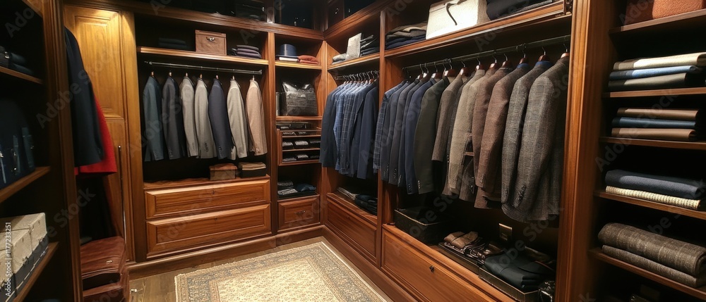 a walk-in closet filled with men's clothing a walk-in closet filled with men's clothing