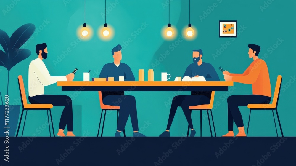 Fototapeta premium Dynamic Group of Professionals Engaged in Discussion at a Modern Table with Creative Atmosphere and Warm Lighting in an Office Environment
