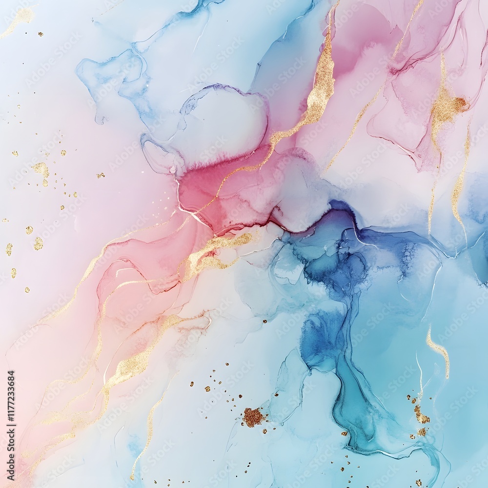 Fototapeta premium Colorful abstract fluid art with gold accents in pastel hues created through ink technique