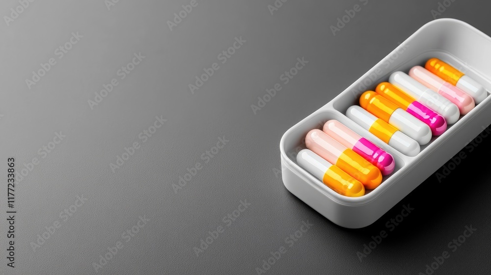 Colorful capsules in white container on dark surface Colorful capsules in white container on dark surface