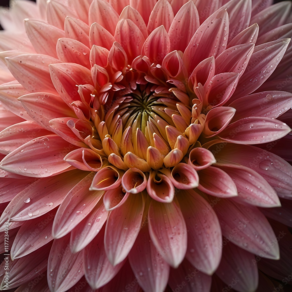 Close-Up View of a Pink Dahlia Flower with Dew Drops Close-Up View of a Pink Dahlia Flower with Dew Drops