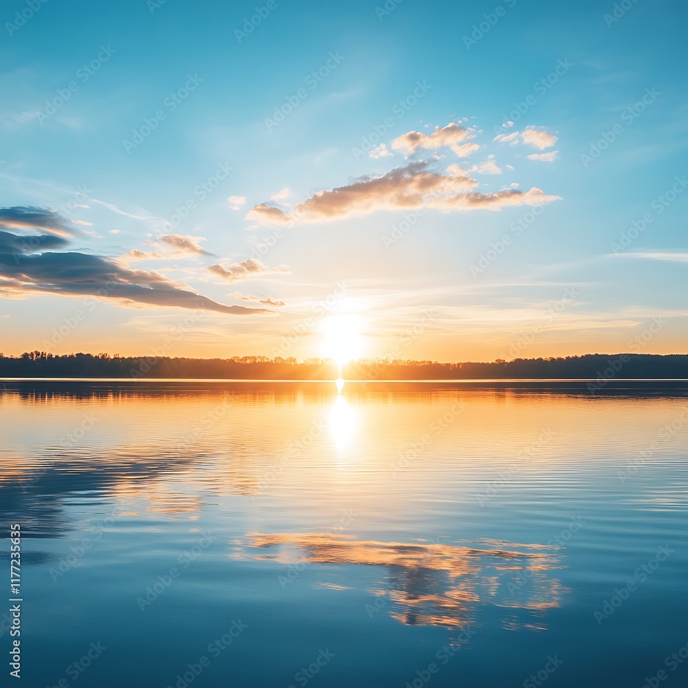 Fototapeta premium tranquil lake sunrise reflecting sunlight in scenic beauty