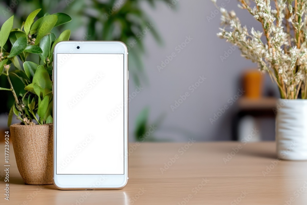 A modern smartphone is displayed on a wooden table surrounded by vibrant green plants, creating a serene and fresh atmosphere perfect for showcasing digital content. A modern smartphone is displayed on a wooden table surrounded by vibrant green plants, creating a serene and fresh atmosphere perfect for showcasing digital content.
