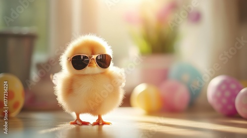 Funny easter concept holiday animal greeting card - Cool cute little easter chick baby with sunglasses on table photo