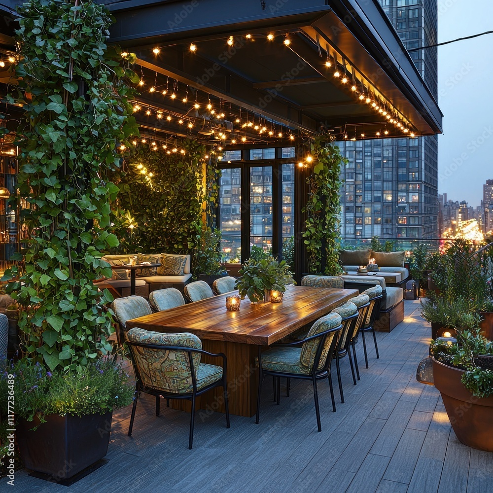 Fototapeta premium Rooftop restaurant dining at dusk with city skyline view