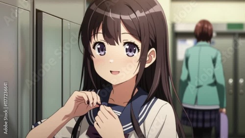 A bright and happy anime girl is ready to start her new school year