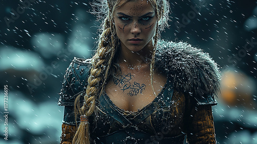 Fierce Viking Warrior Woman with Intricate Face and Body Tattoos in Diverse Natural Settings, from Stormy Seas to Misty Forests, Showcasing Strength, Beauty, and Battle Readiness