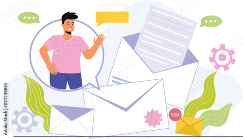 An illustration of interactive email services with dynamic messaging, featuring customizable email templates with interactive elements like buttons, links, and personalized content.