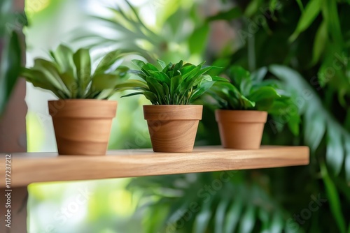 Wallpaper Mural This image features three small potted plants on a shelf, set against a backdrop of lush green foliage, showcasing the beauty of indoor plants in a relaxed and refreshing atmosphere. Torontodigital.ca