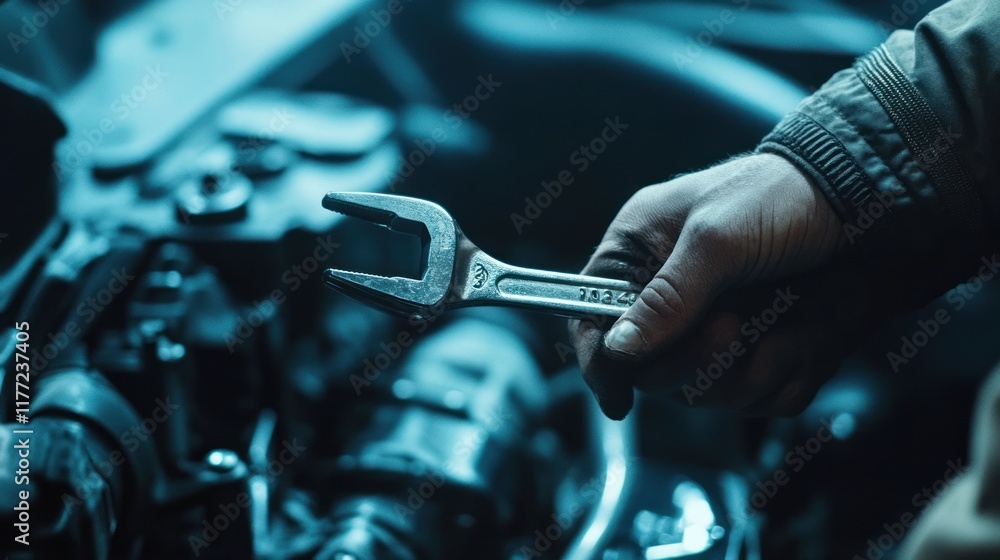 Obraz premium A mechanic holds a wrench near an engine, highlighting automotive repair work.