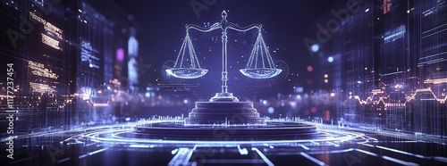 Digital scales of justice positioned over an AI hologram
