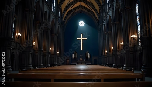 Large cathedral interior featuring a cross illuminated in the center, wooden pews leading to the altar, and high arched ceilings