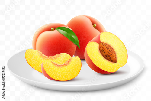 Ripe sweet peach or apricot on a white plate isolated on a transparent background. Whole, slices and half an peach with a pit. Healthy vitamin food. Realistic 3d vector illustration