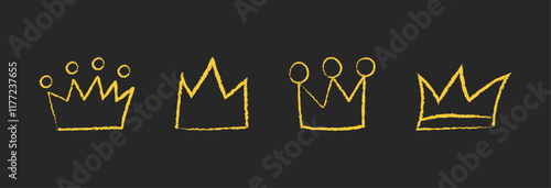 Minimalist collection of yellow crown doodles in wax crayon style on black background. Whimsical childish chalk textured scribbles elements.