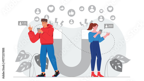An illustration of social media engagement as a magnet for lead generation, with vibrant social media icons attracting potential leads, symbolized by digital users and customer interactions