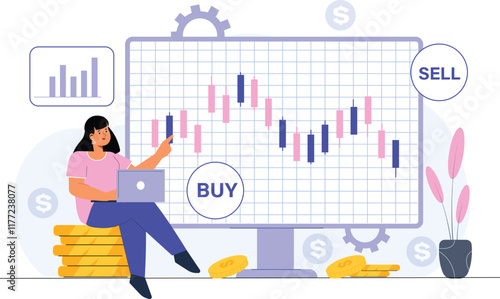An illustration of stock market analysis, featuring charts, graphs, and candlestick patterns, with investors reviewing data and making decisions, highlighting insights for successful investments