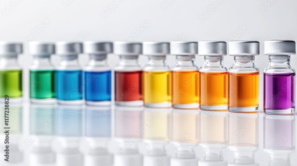 Colorful vials arranged in row, showcasing spectrum of liquids Colorful vials arranged in row, showcasing spectrum of liquids