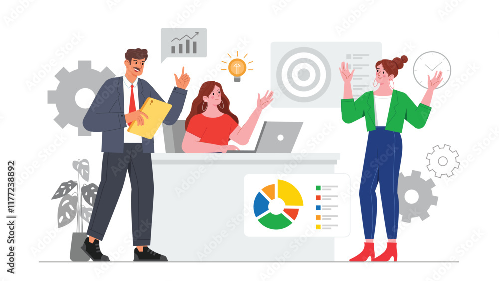 Fototapeta premium An illustration of business growth analysis with consulting, featuring a consultant reviewing charts, graphs, and financial data with a client, strategizing for business expansion and improvement in a